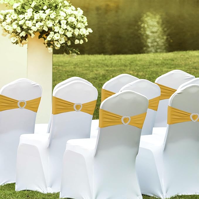 100PCS Spandex Stretch Gold Chair Sashes Bows Universal Elastic Chair Cover Bands Ties with Buckle Slider for Wedding Party Birthday Reception Event Banquet Decoration(Gold)