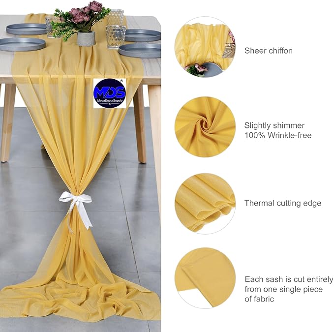 MDS 15 Pack 10ft Chiffon Table Runner 29 x 120 Inches Sheer Wedding Runner Romantic Rustic Table Runner for Wedding Decorations, Birthday Parties, Bridal Shower Party Arch Decor - Gold