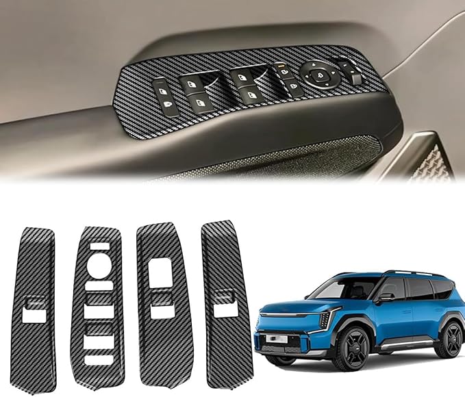 4pcs Carbon Fiber Style Front Rear Doors Window Glass Lift Switch Panel Cover Decorative Sticker Protection Car Interior Accessories for 2023-2025 KIA EV9 KT15