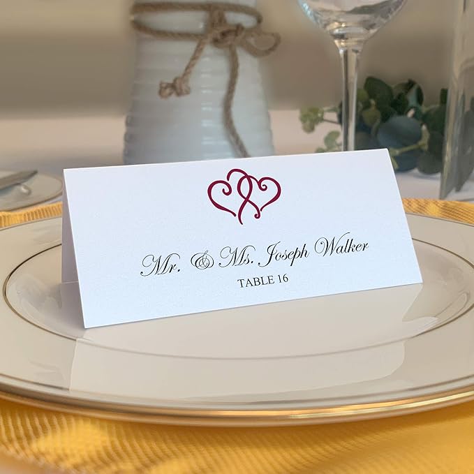 Linked Hearts Place Cards, Burgundy (Choose Color), Set of 60, Pre-cut and Scored - Wedding, Party, Dinner, and Special Events - Made in the USA