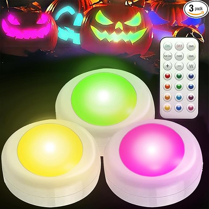 LED Color Changing Pumpkin Lights with Timer Control, Colored Puck Light Battery Operated, 16 Multi Colors LED Cabinet Light, Under Counter Lights, Valentine Day Holiday RGB Decoration Candles
