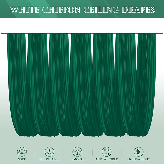 6 Panels Emerald Green Ceiling Drapes for Wedding 5ftx20ft Chiffon Fabric Arch Draping Curtains Sheer Drapery for Party Ceremony Birthday Baby Shower Reception Stage Swag Ceiling Decorations