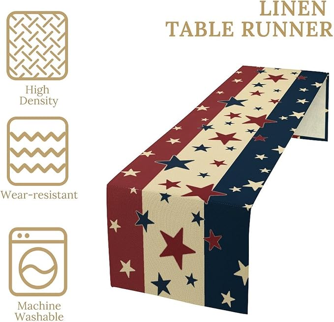 Memorial Day Table Runner, 4th of July American Patriotic Independence Day Stars Stripes Print Table Runne for Summer Holiday USA Home Decoration Party,13x60inch