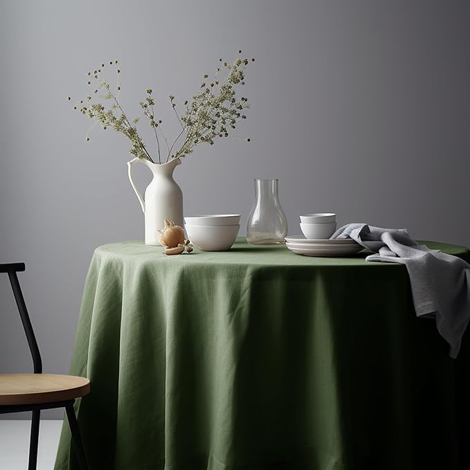 EVERLY 100% Pure Linen Round Tablecloths 80Inch Round Machine Washable Tablecloth for Thanksgiving,Decorative Halloween,Buffet Parties,Picnic,Events,Weddings and Restaurants-Olive Green