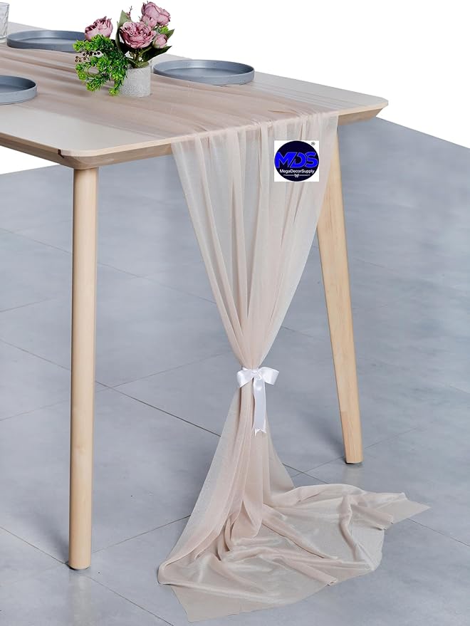 MDS 15 Pack 10ft Chiffon Table Runner 29 x 120 Inches Sheer Wedding Runner Romantic Rustic Table Runner for Wedding Decorations, Birthday Parties, Bridal Shower Party Arch Decor - Nude