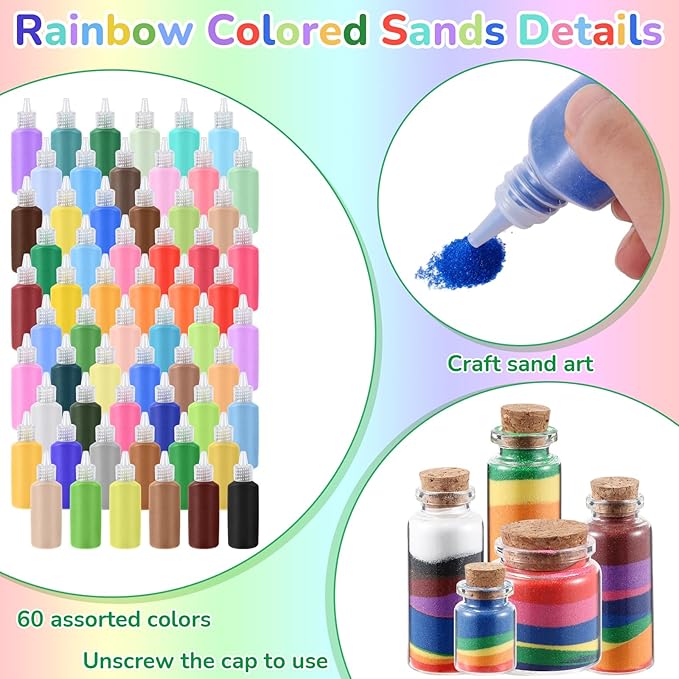 Wettarn 120 Pcs 1.25 oz Sand Art Bottle Kits 60 Colors of Sand and Bottle for Rangoli Art Painting DIY Drawing Favor Diwali Wedding Decoration Vase Glass Crafty Collection (Multicolor)