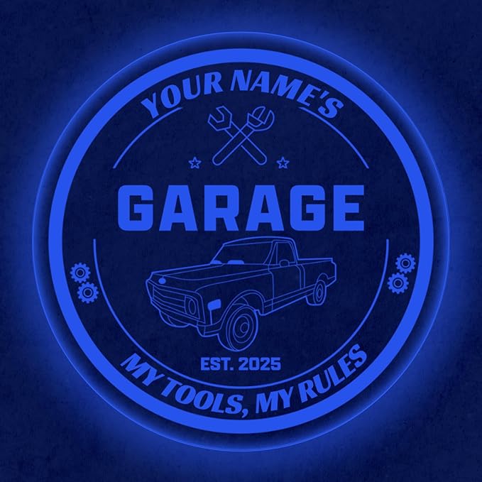 Custom Pickup Truck Garage Sign – Personalized LED Color Changing Acrylic Wall Decor for Garage, Workshop, or Man Cave (Garage 1, 20 INCHES)