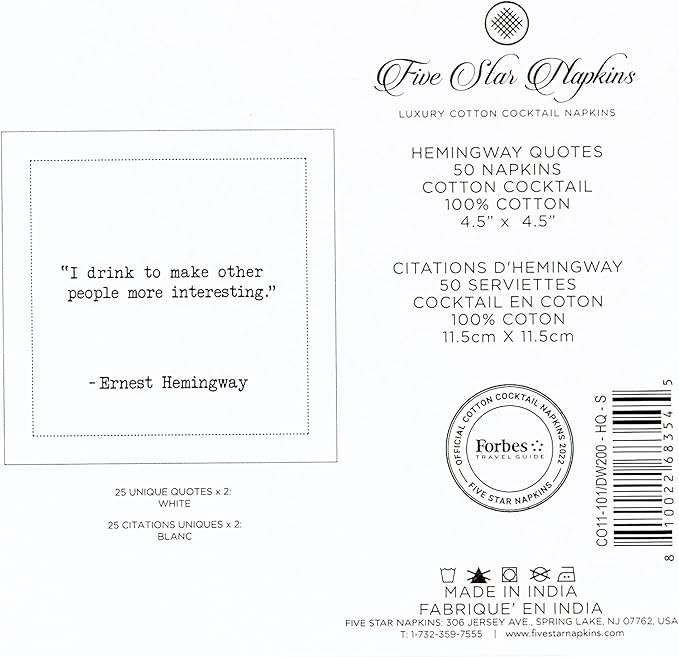 Five Star Napkins Hemingway Quotes, White Cotton Cocktail Napkins, Beverage Napkins, Bar Napkins, Cloth Napkins, Party Napkins, Events, Holidays, Weddings, Birthdays, Disposable, 4.5" x 4.5"- (50x)