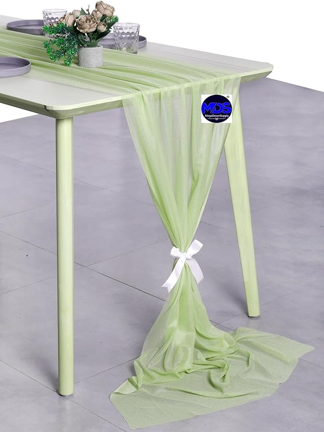 MDS 20 Pack 10ft Chiffon Table Runner 29 x 120 Inches Sheer Wedding Runner Romantic Rustic Table Runner for Wedding Decorations, Birthday Parties, Bridal Shower Party Arch Decor - Sage Green