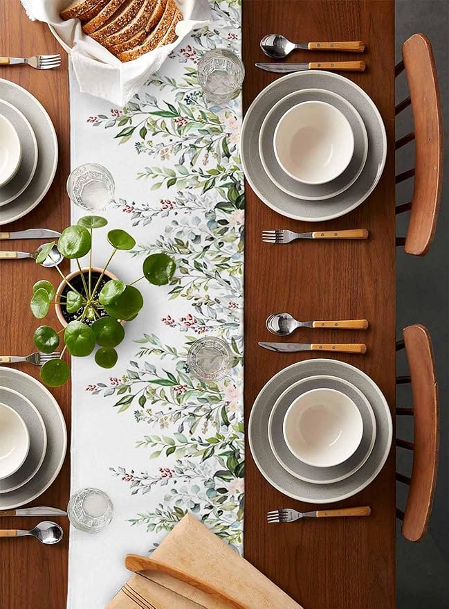 Botanical Eucalyptus Cotton Linen Table Runner for Dining Kitchen, Wedding Outdoor Party Tablerunners Decoration, Sage Green Leaves Elegant Floral Dresser Scarf Coffee Tablecloth Runners 13x72 Inches
