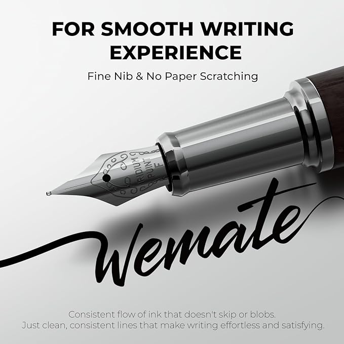 WEMATE Fountain Pen Set, Fine Nib, 20 Ink Cartridges(10 Black&10 Blue), 1 Ink Converter, Smooth Writing, No Skips, Nice Gift for Men, Women, Cool Wood Fountain Pen for Writing, Calligraphy