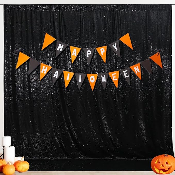 SquarePie Sequin Backdrop Less See Through Thick Background Glitter Curtain for Halloween Party 7FT x 7FT Black
