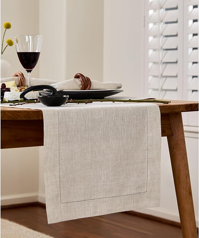 Solino Home Linen Light Natural Table Runner 60 Inches - Classic Hemstitch, 100% Pure Linen Coffee Table Runner 14 x 60 Inch Ideal for Dresser Tables - Fall, Autumn, Halloween, Thanksgiving, Christmas