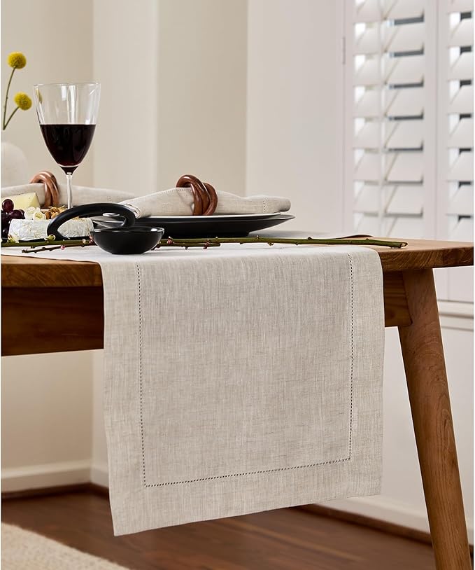 Solino Home Linen Light Natural Table Runner 48 Inches - Classic Hemstitch, 100% Pure Linen Coffee Table Runner 14 x 48 Inch Ideal for Dresser Tables - Fall, Autumn, Halloween, Thanksgiving, Christmas