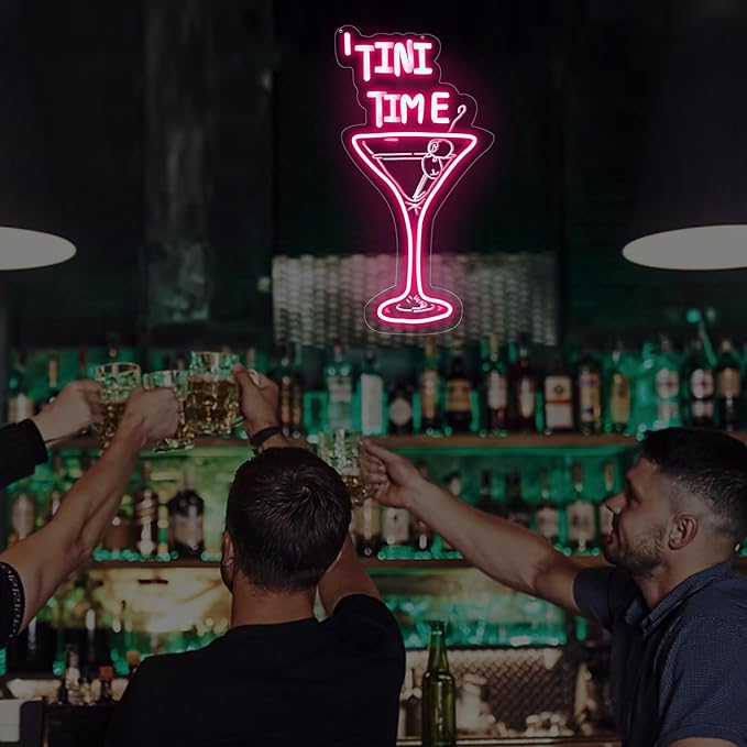 Tini Time LED Neon Sign, Martini Neon Sign for Bars, Elegant Cocktail Glass Neon, Martini Cocktail Bar Wall Decor, Bar Wall Art, Pub neon, 16.5"x8.7", Pink