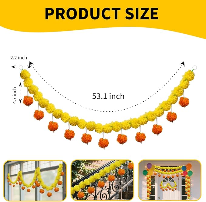 5 Pcs Marigold Garland Diwali Decor Artificial Flowers, 4.5 Feet Artificial Marigold Flowers for Indian Pooja Diwali Home Mantle Decor Wedding Decoration for All Year Decoration (Yellow＆Orange)