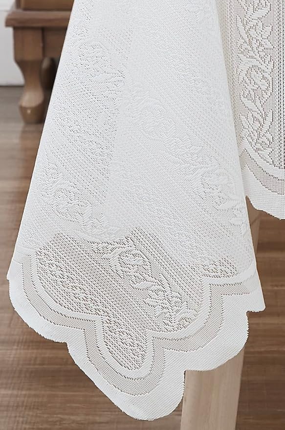 LinenZone Lace Round Tablecloth with Elegant Scalloped Bottom for Any Special Event Such as Wedding, Birthday Party, Baby Shower, Anniversary. Sits 6 to 8 People. (Linda 90 Round, Ivory)