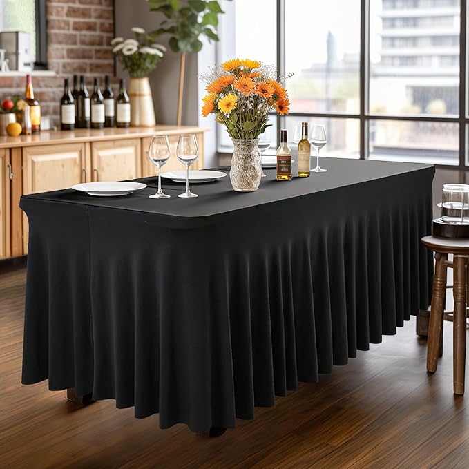 Wish Care 6 Pack Black Spandex Table Cloths for Rectangle Tables 6ft - One-Piece Wrinkle Free Fitted Table Cover 6 Foot Table Stretch Tablecloths for Party, Banquet, Wedding and Events