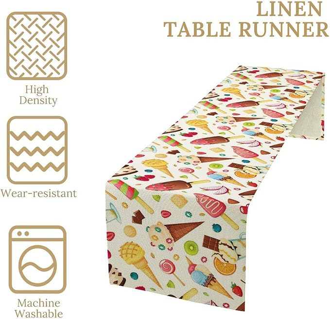 Ice Cream Table Runner, Fruit Ice Popsicles Cold Summer Desserts Seasonal Dinner Runner for Party Holiday Home Kitchen Dining Table Decor 13"x36"