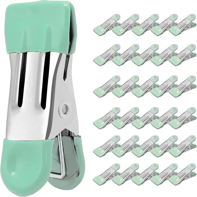 Clothes Pins Heavy Duty 30 Pack - 2.17 Inch Metal Chip Clips, Clothespins for Photo Drying Clothesline Laundry Sock, Bag Clips for Food Kitchen Stainless Steel with Rubber, Light Green