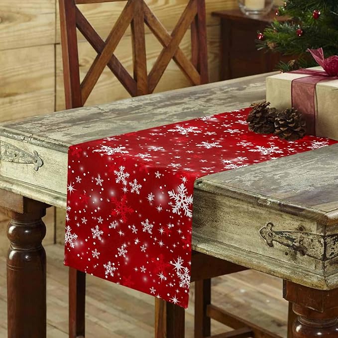 Christmas Snowflakes Cotton Linen Table Runner for Dining Kitchen, Red Xmas Winter Snow Wedding Outdoor Party Tablerunners Decoration, New Year Dresser Scarf Coffee Tablecloth Runners 13x72 Inches