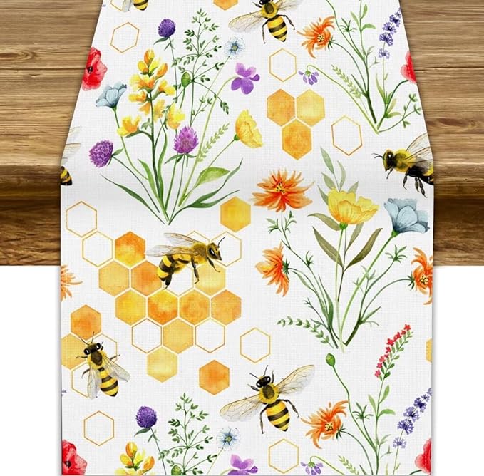 Summer Bee Table Runner, Seasonal Spring Wildflowers Bee Yellow Honeycombs Farmhouse Table Runner for Kitchen Dining Table Home Party Decor, 13x108inch