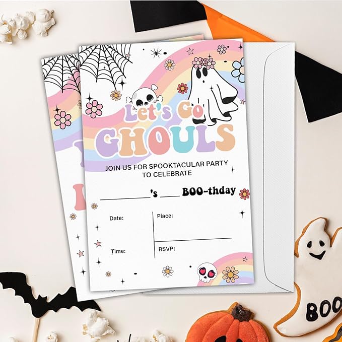 Halloween Birthday Invitations Groovy Rainbow Ghost Halloween Birthday Party Fill in Invites Cards With Envelopes (20 Count) Double Sided Design, Let's Go Ghouls