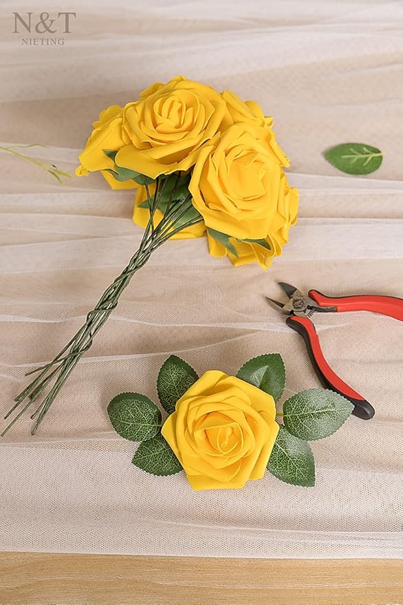 N&T NIETING Artificial Flowers, 25Pcs Fake Flowers Fall Roses Perfect for DIY Wedding Bouquets Centerpieces Bridal Shower Party Home Flower Arrangement Decorations, Gold