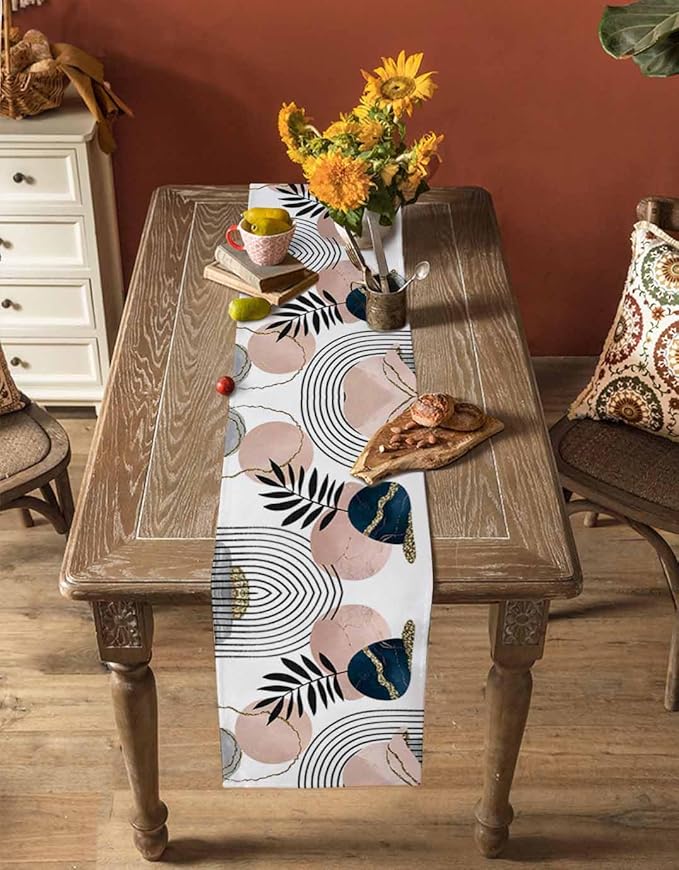 Modern Boho Cotton Linen Table Runner for Dining Kitchen, Wedding Outdoor Party Tablerunners Decoration, Abstract Bohemian Tropical Palm Leaf Dresser Scarf Coffee Tablecloth Runners 13x48 Inches