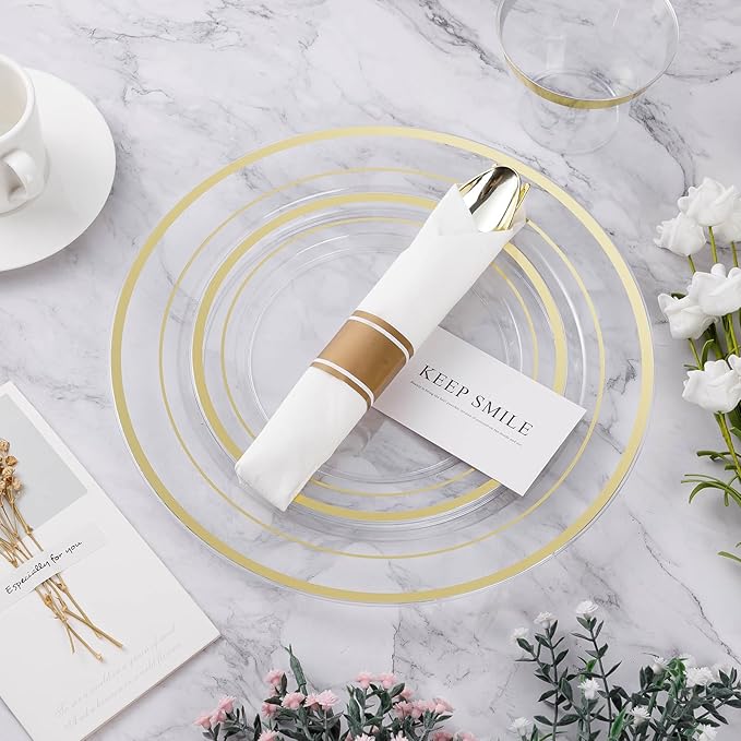 BESTVIP 175PCS Clear Gold Plastic Dinnerware Set, Disposable Party Plates for 25 Guests, Include: 50 Plastic Plates, 25 Pre Rolled Napkins with Silverware, 25 Cups for Christmas, Halloween