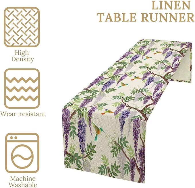 Vintage Bird Flower Table Runner Seasonal Spring Purple Wisteria Garden Plants Lavender Florals Farmhouse Country Kitchen Dinner Runner Dining Table Decoration for Home Party Holiday 13"x60"