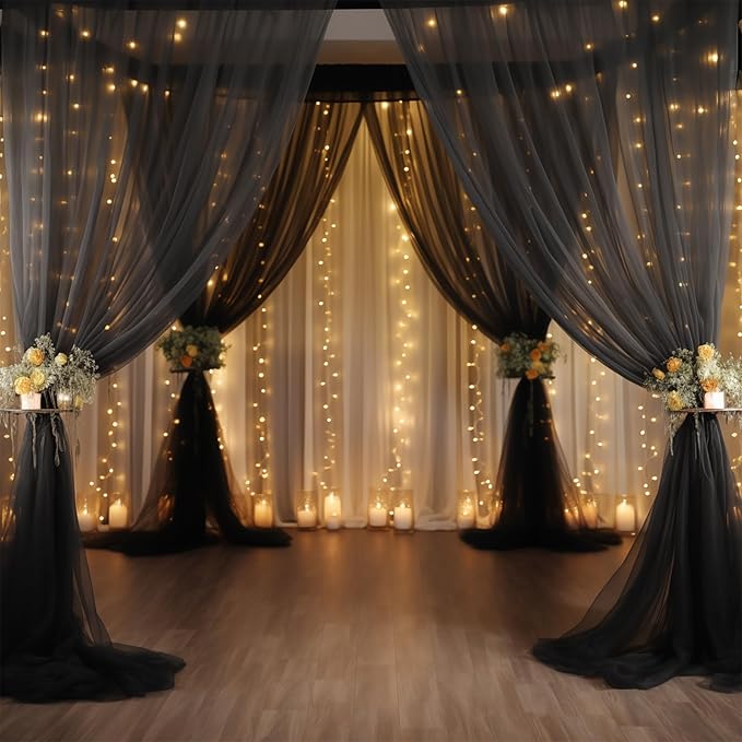20x10 Black Tulle Backdrop Curtains for Parties, Sheer Backdrop Curtain Wedding Photo Background Drapes for Baby Shower Photography Birthday Party