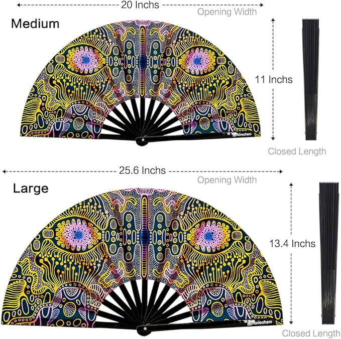 UV Glow Rave Fan, Bamboo Folding Clack Hand Fans Foldable for Men Women, Boots on the Ground Poping Fan for EDM Festival Line Dance Decoration, (Space Psychedelic, Medium 11")