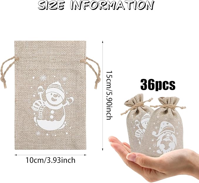 CCINEE 36pcs Christmas Burlap Bags, 4×6 Inch Drawstring Christmas Burlap Goody Gift Candy Bags with Double Jute Drawstrings Xmas Treat Bags for Candy Wrapper Xmas Party Favors