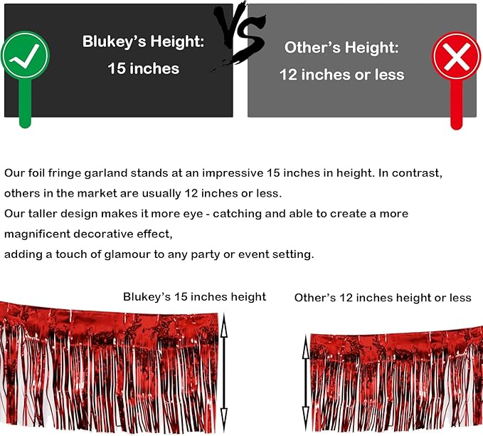 Thick 10 Feet by 15 Inch Red Foil Fringe Garland - Pack of 3 | Shiny Metallic Tinsel Banner for Parade Floats, Bridal Shower, Wedding, Birthday, Christmas | Wall Hanging Drapes (3)