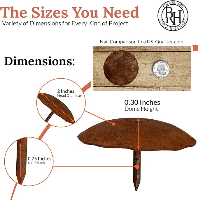 10 Pack 2" Round Head Iron Clavos Decorative Nails – Rusted – Handmade Rustic Round Fasteners for Farmhouse Shutters, Faux Wood Beams, Barn Doors, Shutters, Gates – Ornamental Wood Accent