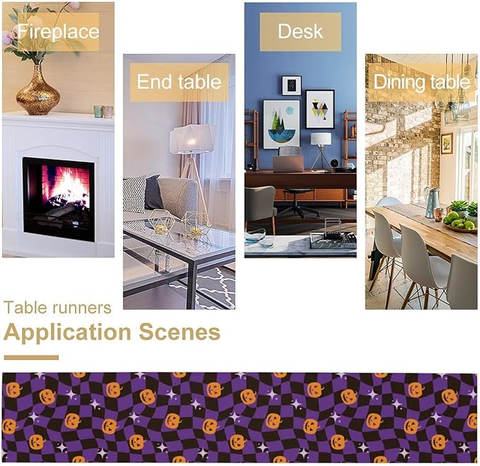 Halloween Table Runner,Purple Checkered Pumpkin Table Runner for Kitchen Dining Table Decoration Home Party Decor 13x60 Inch