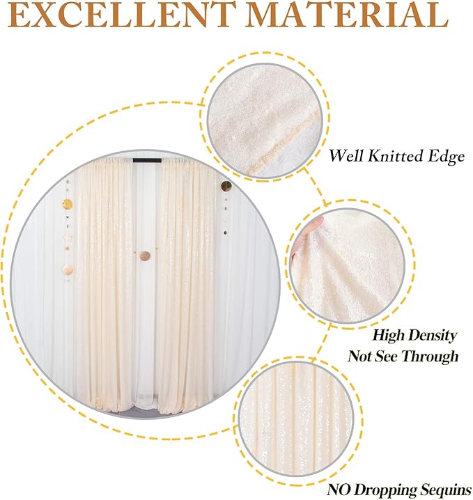 ShinyBeauty Ivory Sequin Backdrop 2 Pieces Photograph Backdrops 7FTx7FT Beige Backdrop Curtains Panels Sparkly Background Glitter Curtain for Wedding.Party,Baby Shower Backgrounds