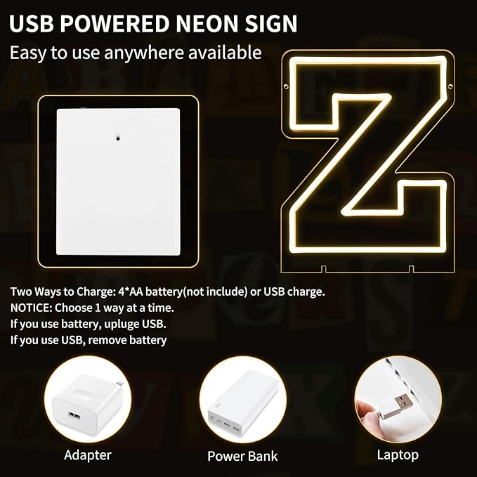 Light Up Letters Z, Led Marquee Letter Lights Neon Sign, 13.9" Height Decorative Lighted Alphabet Number, Battery/USB Powered Led Letters Lights for Wedding, Birthday, Party, Christmas or Home Decor