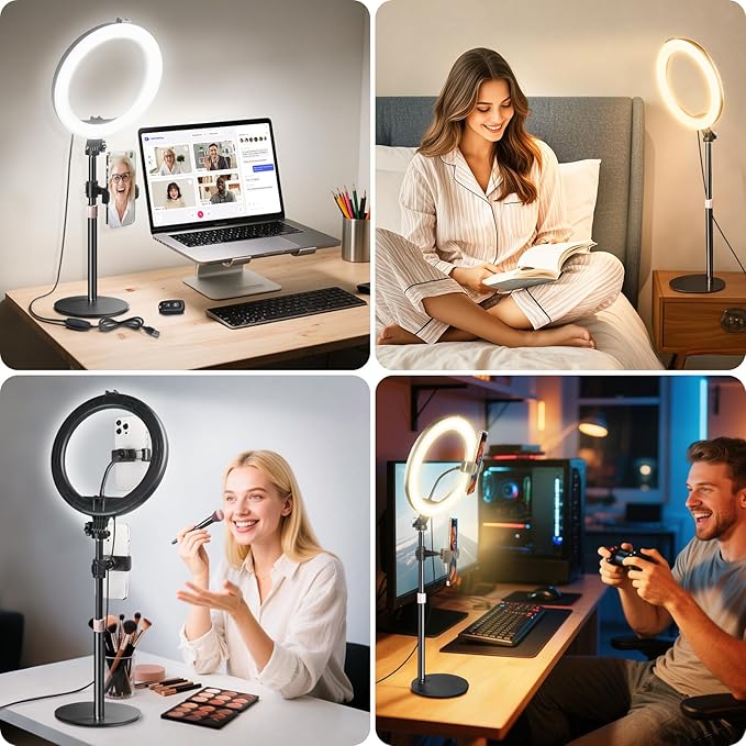 MACTREM 10“ Desk Ring Light with Stand, Desktop LED Circle Halo Light with Phone Holder for Computer Zoom Meeting, Laptop Light for Conference Video Calls, Live Streaming, Podcast, Selfie, Makeup