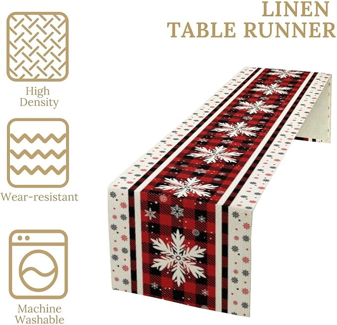 Snowflakes Christmas Table Runner,Red Buffalo Plaid Seasonal Winter Kitchen Dining Table Decoration for Home Party Decor 13x120 Inch