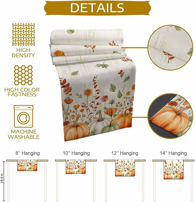 Fall Wildflowers Cotton Linen Table Runner for Dining Kitchen, Thanksgiving Pumpkin Outdoor Party Rustic Tablerunners Decoration,Botanical Floral Vintage Dresser Scarf Tablecloth Runners 13x108 Inches