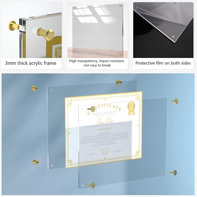 Acrylic Picture Frame for Wall, Clear Diploma Frame, No Drill Floating Frameless Photo Frame for Diploma Certificate Degree Document & Artworks Display, Graduation Gift for Students (2 Pack, 11X14 Straight edge)