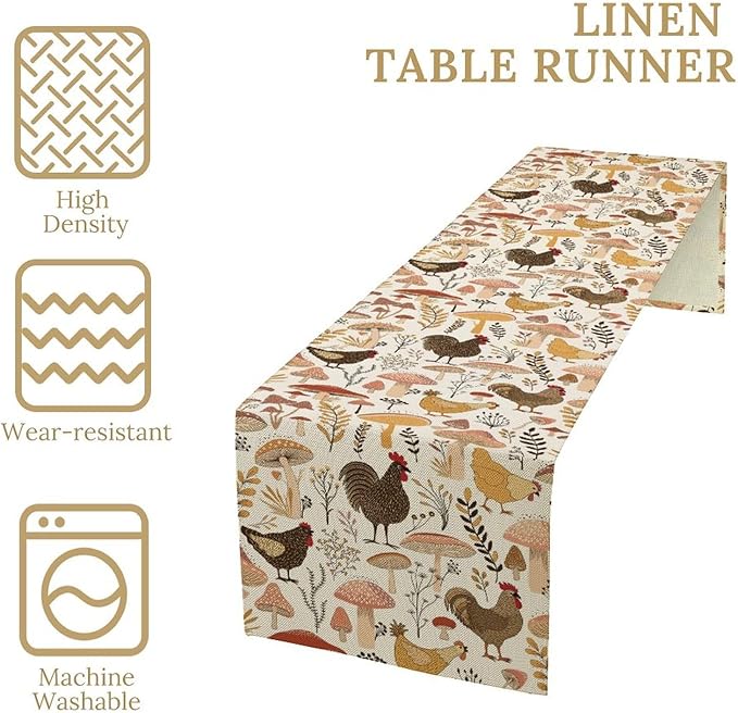 Mushroom Table Runner,Retro Natural Plant Famhouse Table Runner for Kitchen Dining Table Home Party Decoration 13x60 Inch