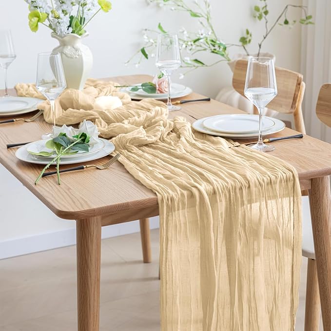 Asee'm Cheesecloth Table Runner 120 Inches Long Sand Boho Gauze Cheese Cloth Runner 10FT Rustic Sheer Fall Table Runners for Thanksgiving Wedding Party Baby Shower Decoration