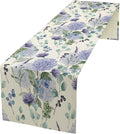 Spring Hydrangea Flower Table Runner, Seasonal Summer Plants Watercolor Eucalyptus Leaves Purple Florals Dinner Runner for Home Kitchen Dining Table Party Holiday Decoration 13"x90"