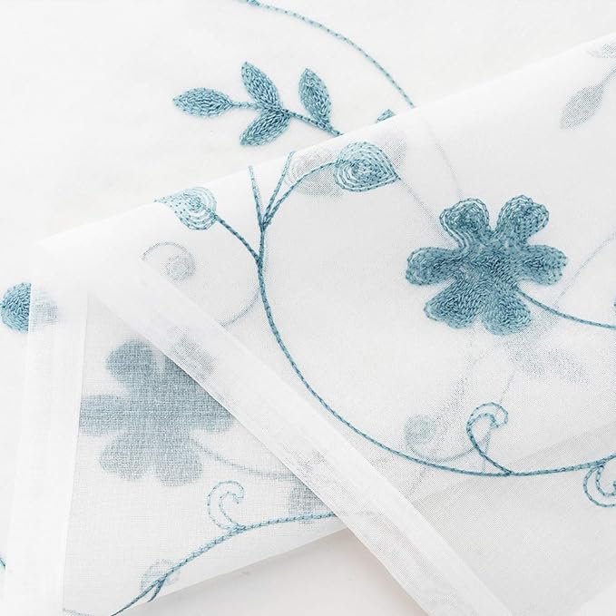 Floral Embroidery Sheer Curtains Blue 95 Inches Long, Window Treatments Rod Pocket Drapes for Living room, Bedroom, Semi Crinkle Voile Curtain Panels for Yard, Patio, Villa, Parlor, Set of 2, 52"x95".