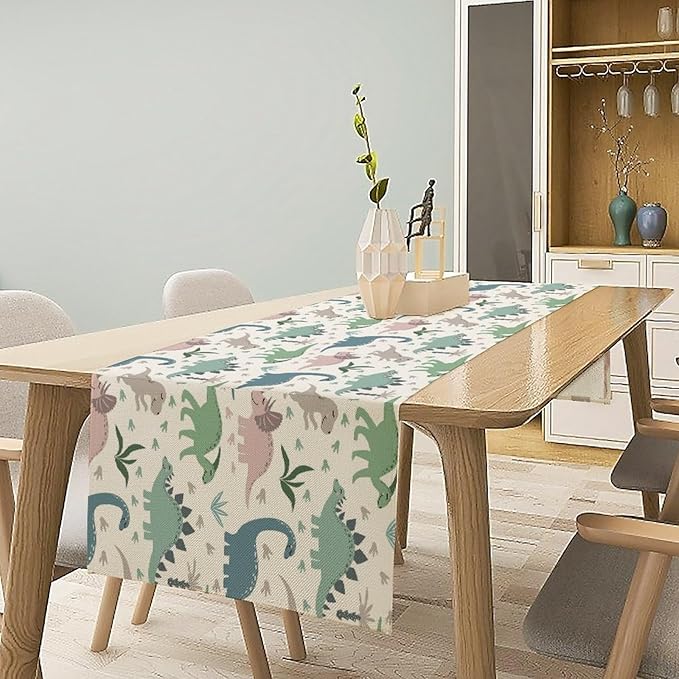 Cartoon Dinosaur Table Runner,Kids Boys Cute Colorful Animal Dino Abstract Print Tablecloth Burlap for Hotel Indoors Outdoor Dining Room Kitchen Holiday Party, 13x36in