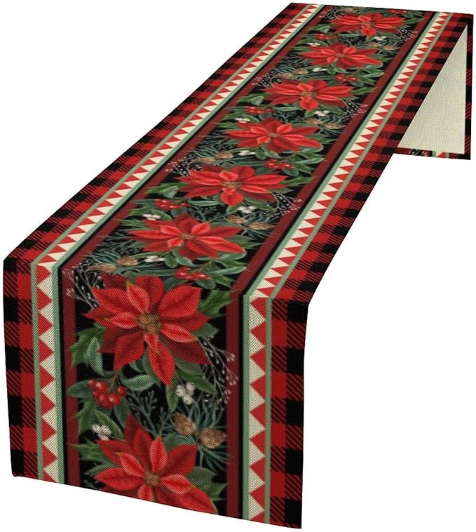 Christmas Table Runner,Seasonal Winter Xmas Holiday Plaid Table Cloth Kitchen Dining Table Decoration for Home Party Decor 13x108 Inch