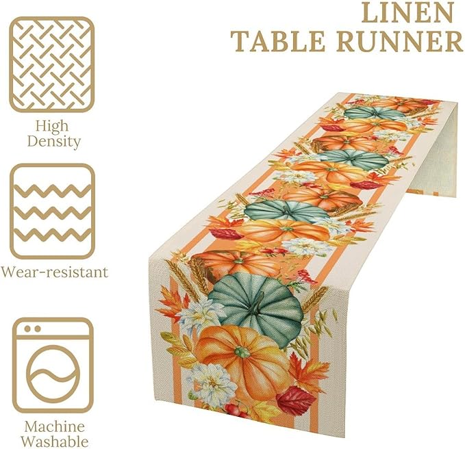 Autumn Table Runner,Orange Pumpkin Flowers Leaves Fall Table Runners Seasonal Kitchen Dining Table Decor for Thanksgiving Harvest Home Holiday Party 13x90 Inch